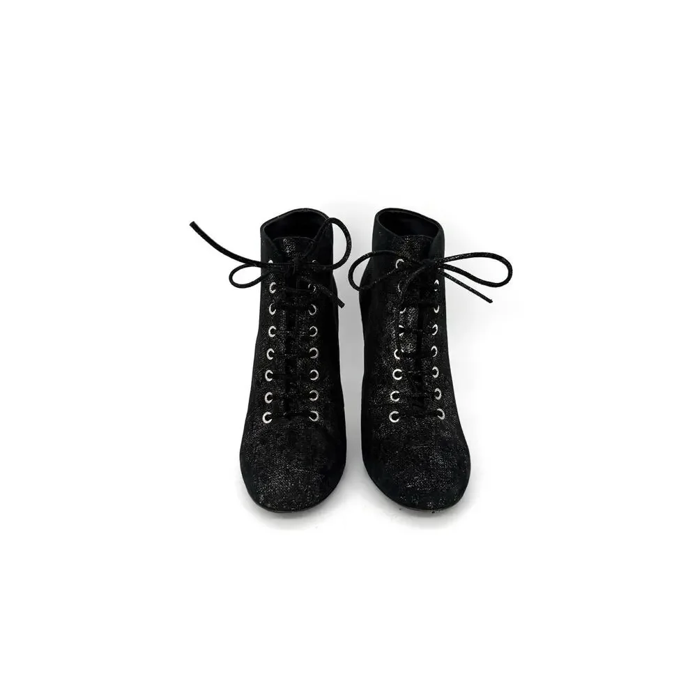 Chanel Pearls Heel Ankle Boot Velvety Black Leather Lace Up EU 39.5 US 9.5